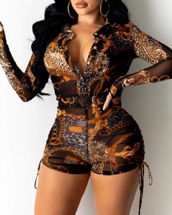 Leopard Scarf Print Buttoned Drawstring Romper