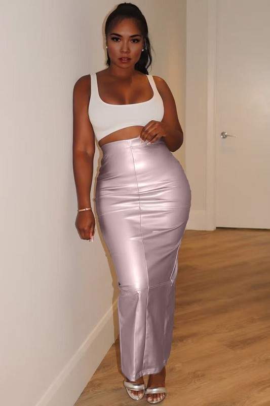 METALLIC LEATHER LONG SKIRT