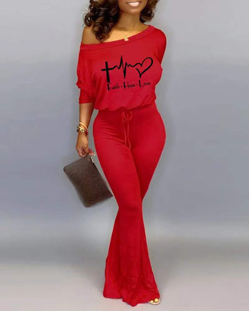 LETTER HEART PRINT DRAWSTRING BOOTCUT JUMPSUIT