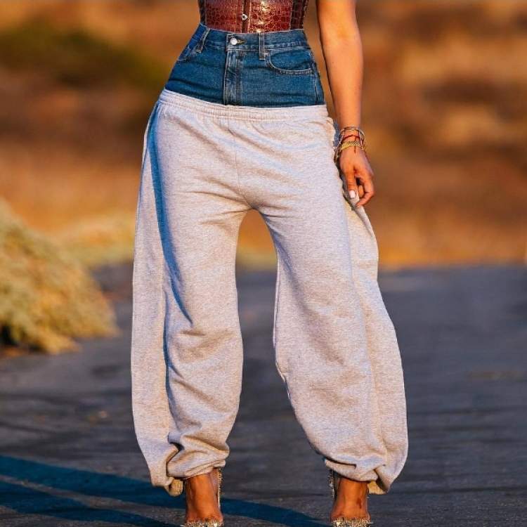 DENIM PATCHWORK HIGH WAIST LOOSE PANTS