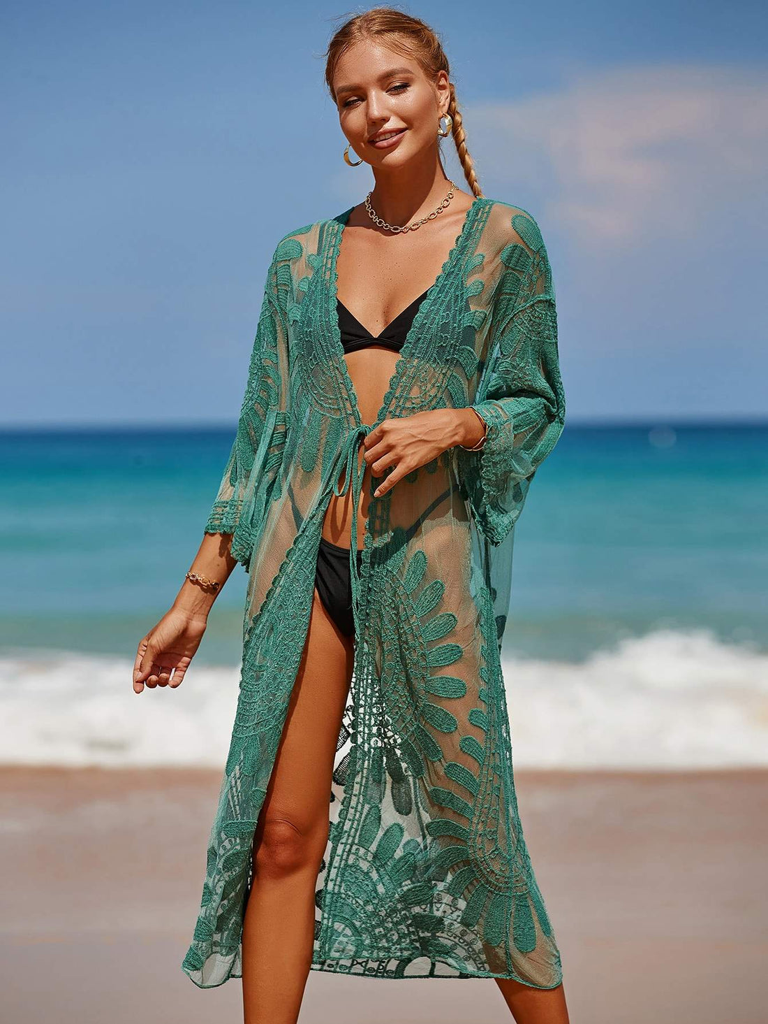 EMBROIDERED MESH TIE FRONT LONGLINE KIMONO