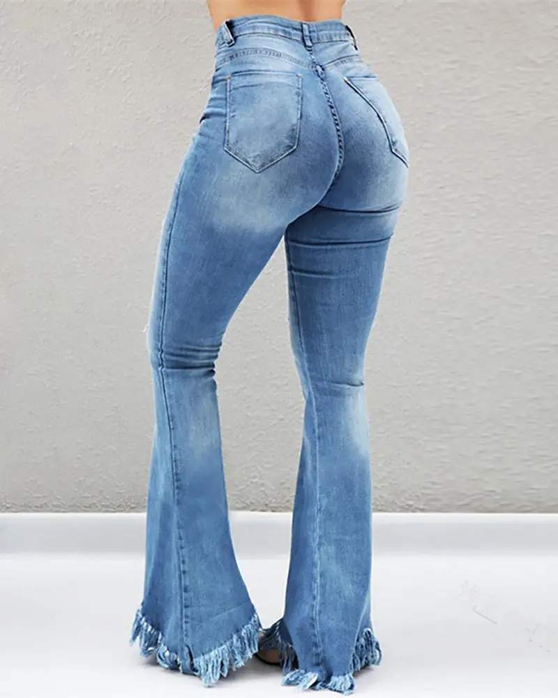 HIGH WAIST BELL BOTTOM DISTRESSED TASSEL JEANS