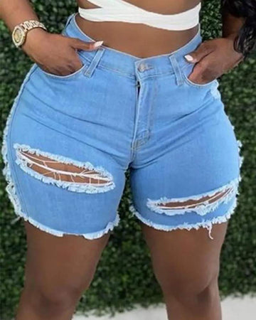 CUTOUT FRINGE HEM BUTTONED DENIM SHORTS