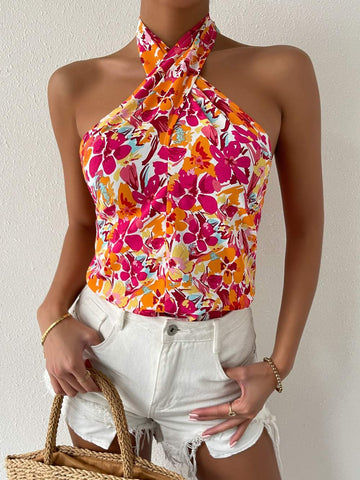 FLORAL PRINT BACKLESS HALTER TOP