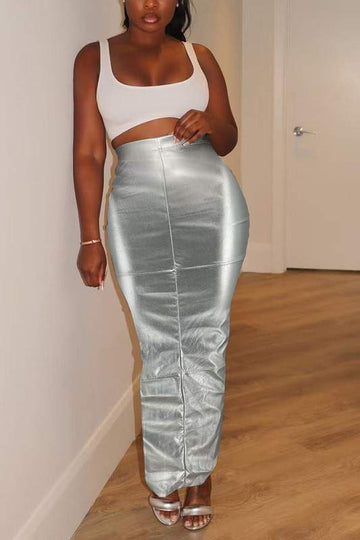 METALLIC LEATHER LONG SKIRT