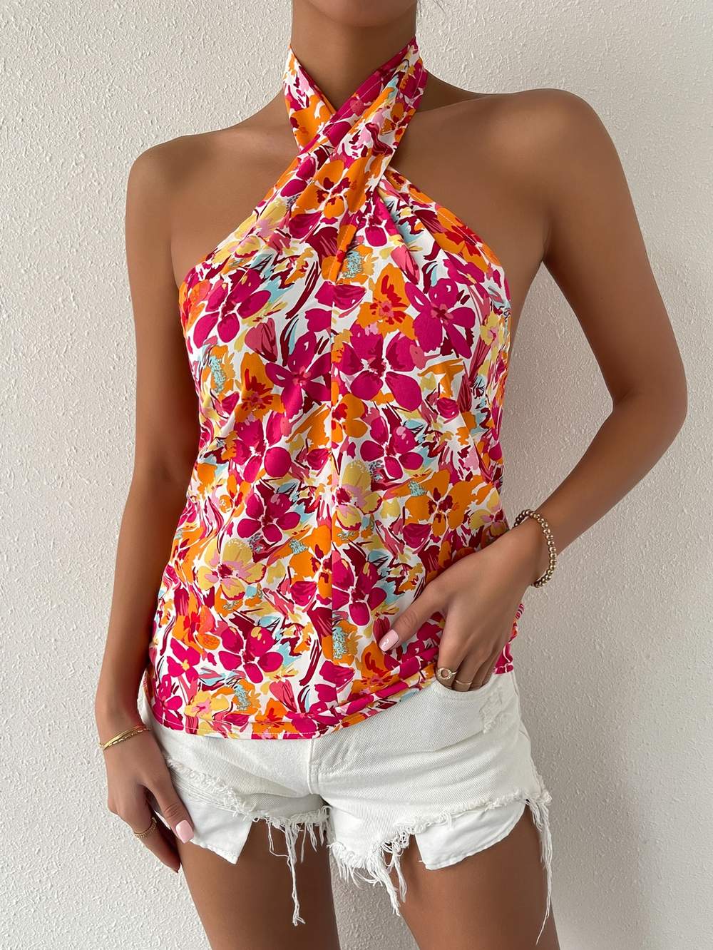 FLORAL PRINT BACKLESS HALTER TOP