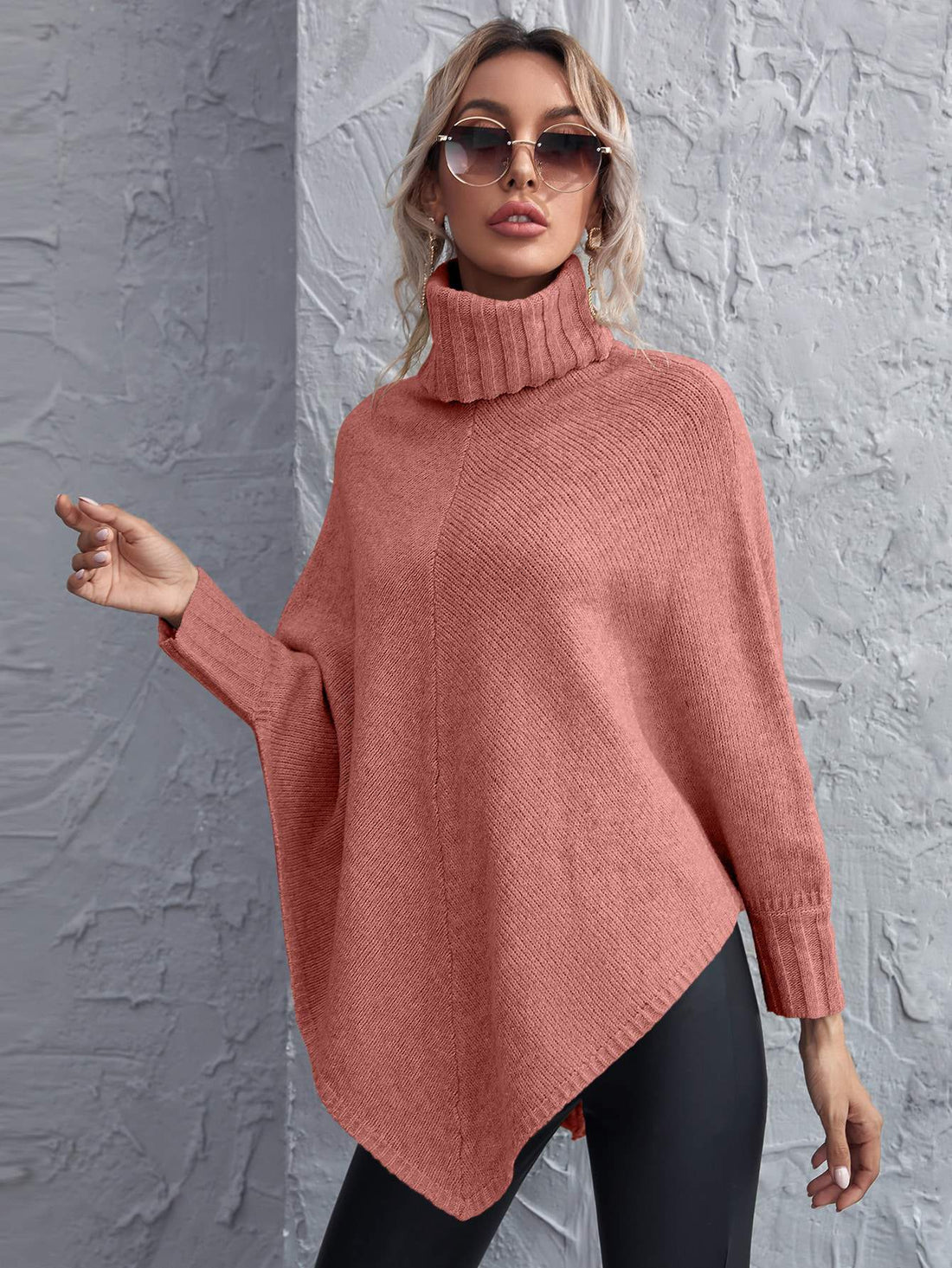 TURTLENECK ASYMMETRICAL HEM PONCHO SWEATER