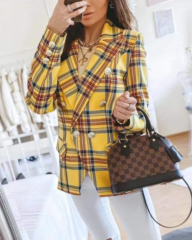 Lapel Collar Flap Detail Double Breasted Plaid Blazer