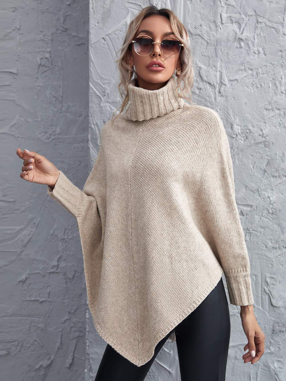 TURTLENECK ASYMMETRICAL HEM PONCHO SWEATER