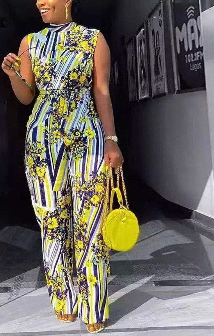 FLORAL PRINT TURTLENECK SLEEVELESS LONG WIDE LEG ROMPERS CHIC LADIES JUMPSUIT