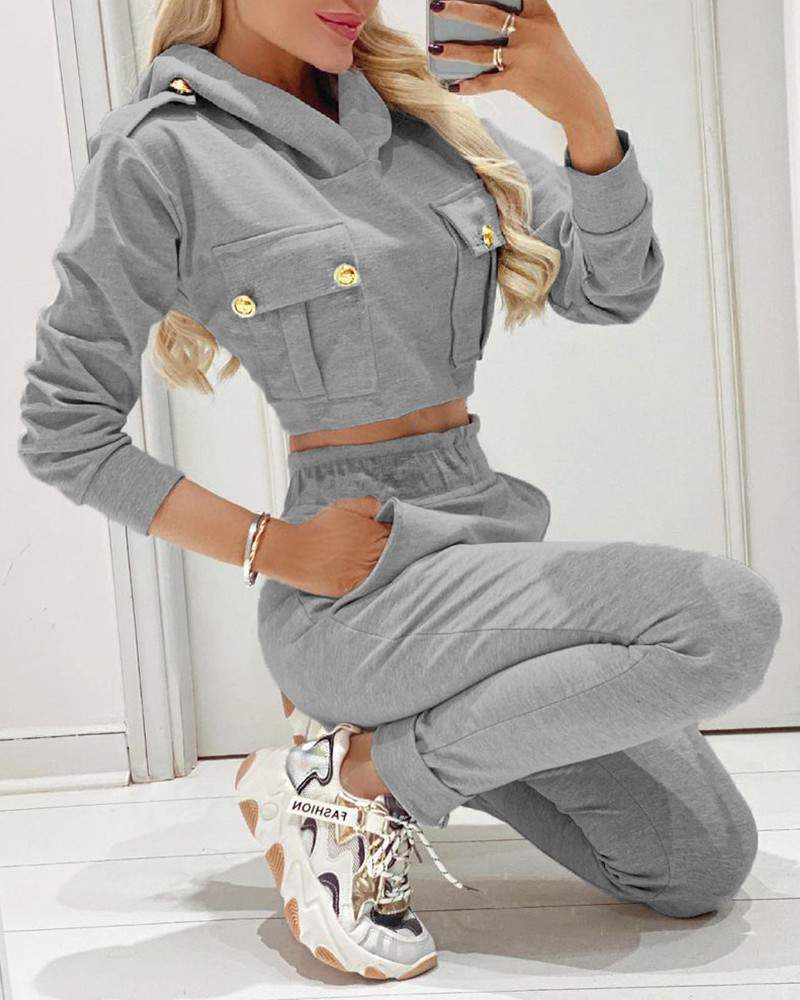 Hooded Button Decor Top Pocket Design Pants Set