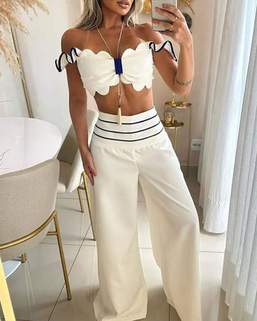 SCALLOP TRIM OFF SHOULDER TOP STRIPED WIDE LEG PANTS SET