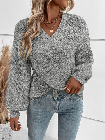 WRAP CROSS DROP SHOULDER MARLED KNIT SWEATER