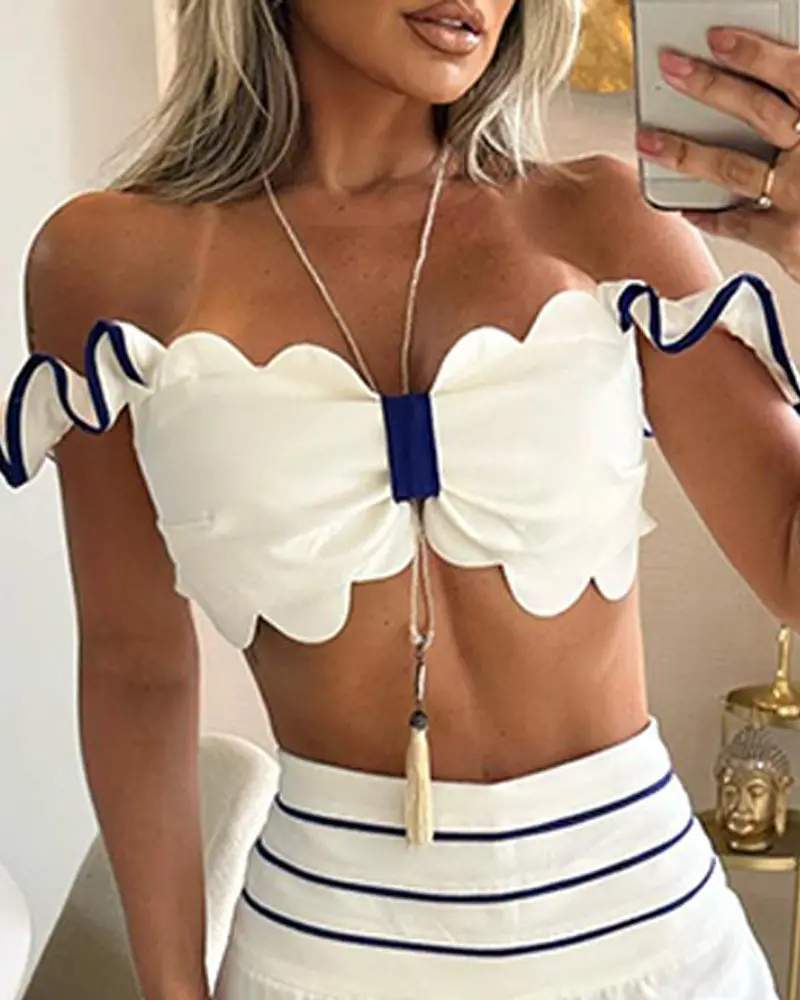 SCALLOP TRIM OFF SHOULDER TOP STRIPED WIDE LEG PANTS SET