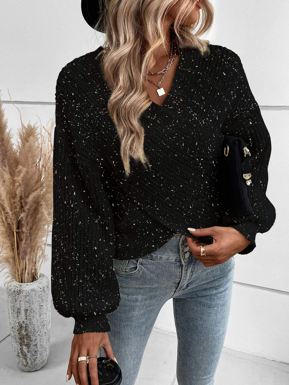 WRAP CROSS DROP SHOULDER MARLED KNIT SWEATER