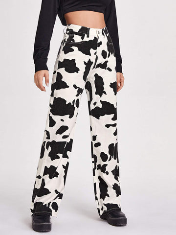 COW PRINT WIDE LEG JEANS