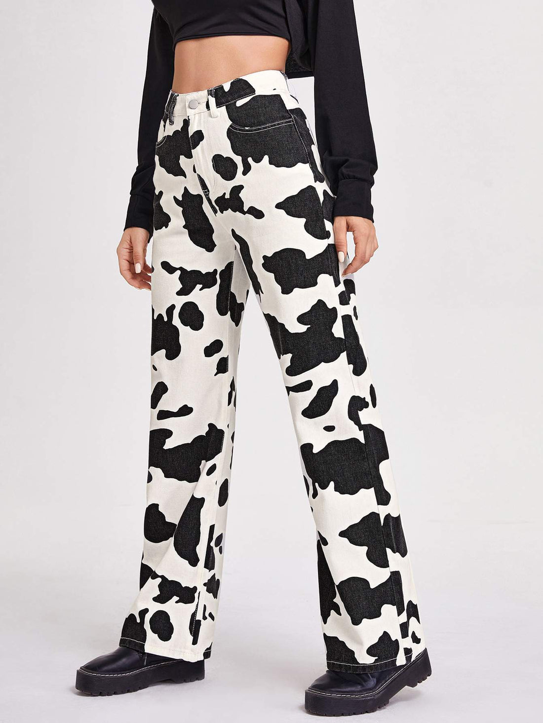 COW PRINT WIDE LEG JEANS