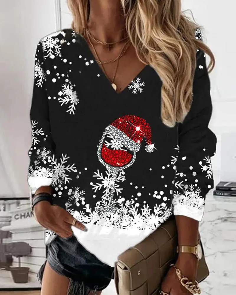 CHRISTMAS SNOWFLAKE WINE GLASS PRINT LONG SLEEVE TOP