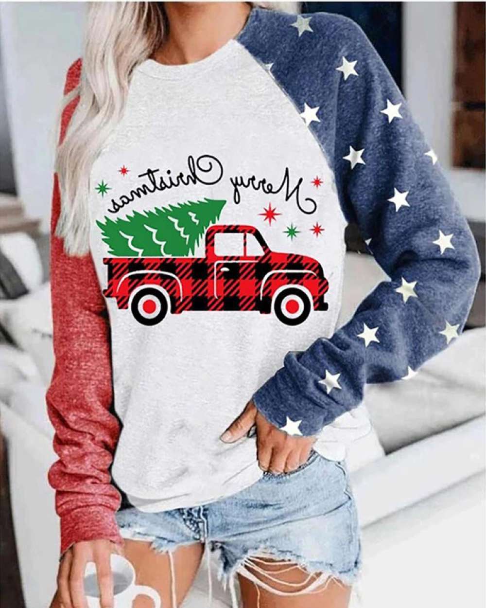 Christmas Letter Tree Print Colorblock Top