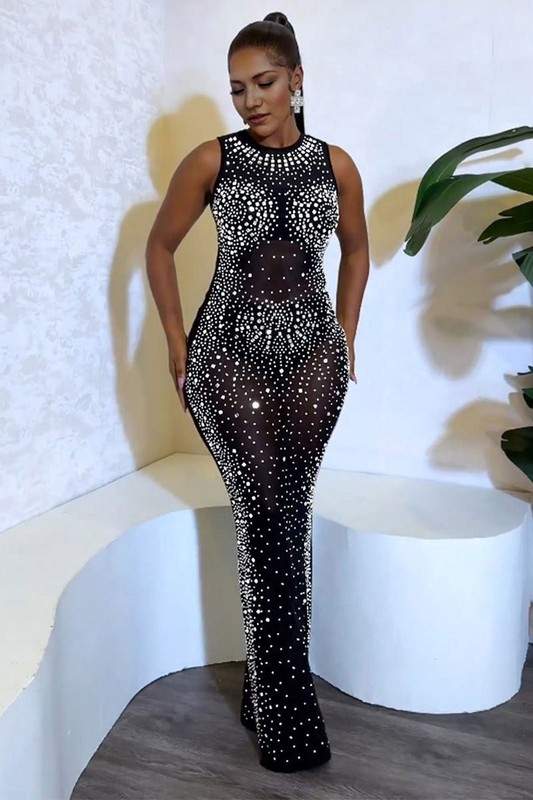 RHINESTONES MESH MAXI DRESS