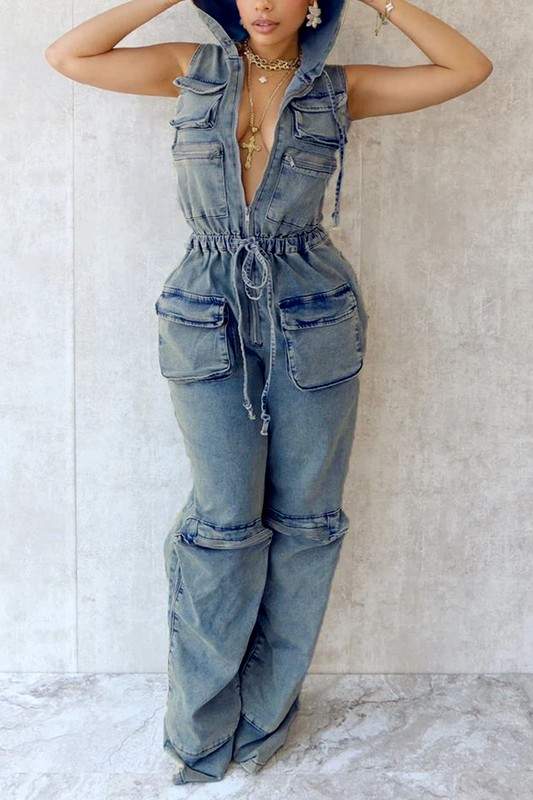 DENIM SLEEVELESS HOODIES CARGO JUMPSUITS