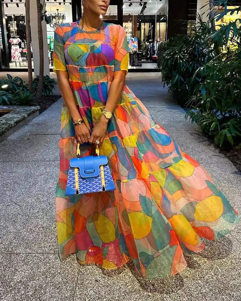 FRUIT PRINT SHORT SLEEVE MAXI DRESS