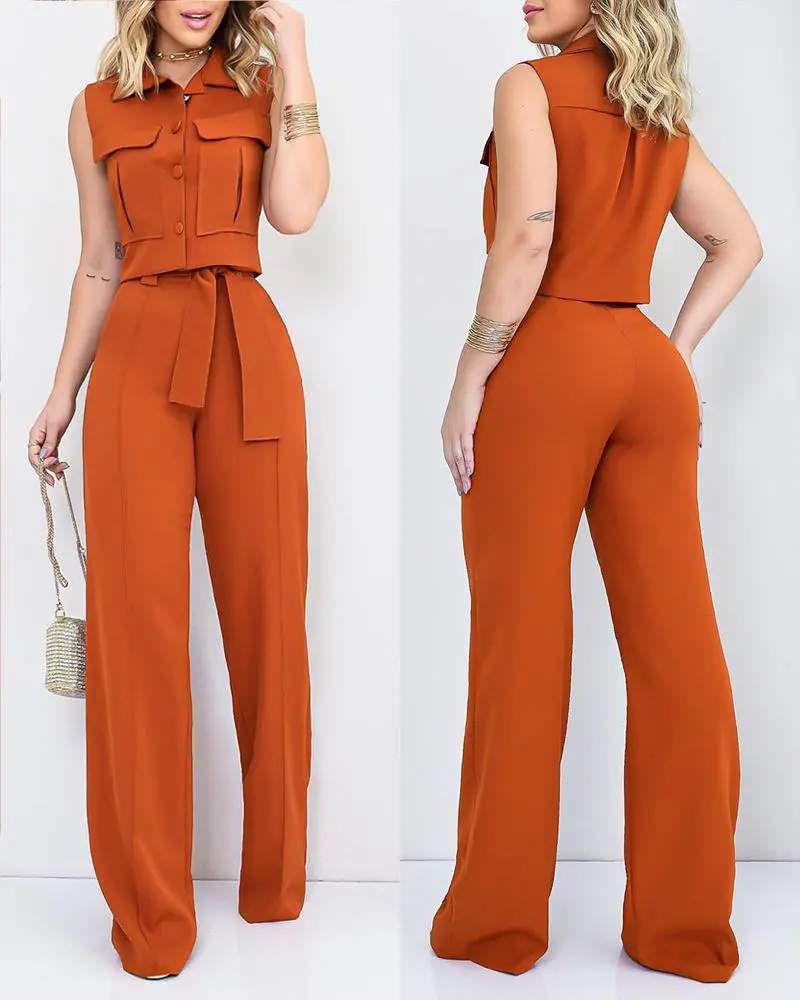 BUTTONED POCKET DESIGN VEST TOP STRAIGHT LEG PANTS SET