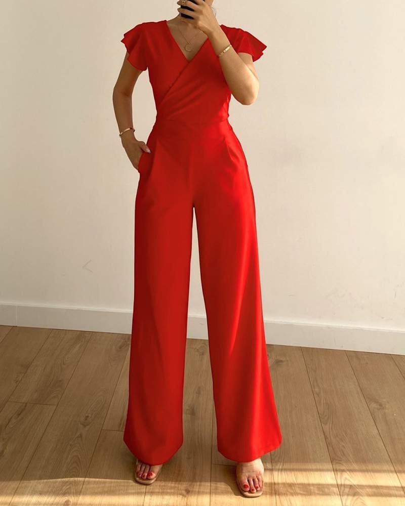 Solid VNeck Ruffle Hem Sleeve Zipper Back Jumpsuit