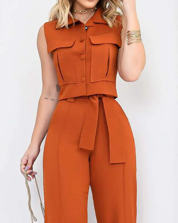 BUTTONED POCKET DESIGN VEST TOP STRAIGHT LEG PANTS SET