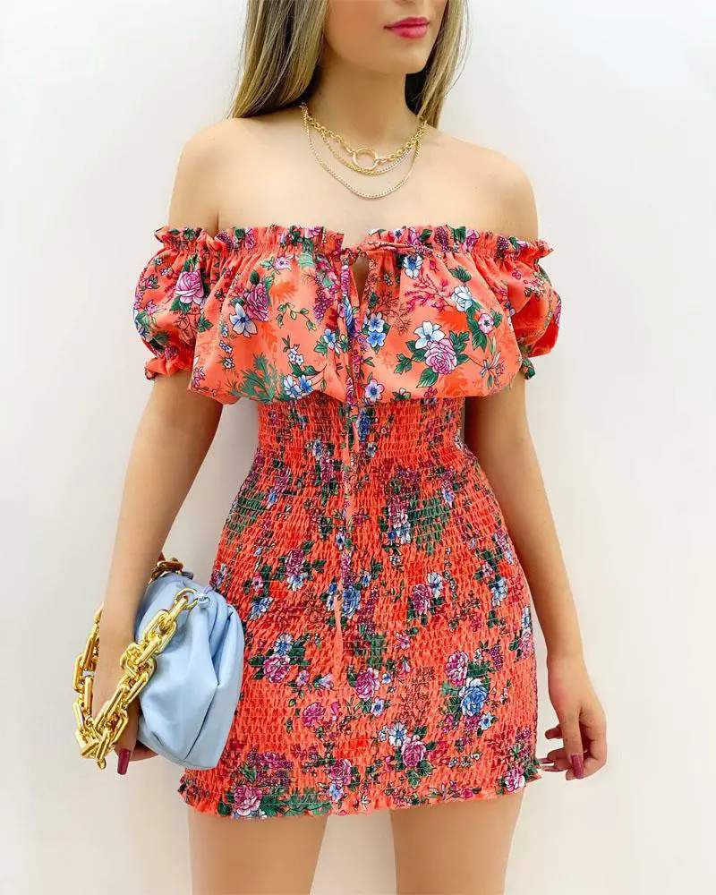 FLORAL PRINT OFF SHOULDER FRILL HEM SHIRRED MINI DRESS