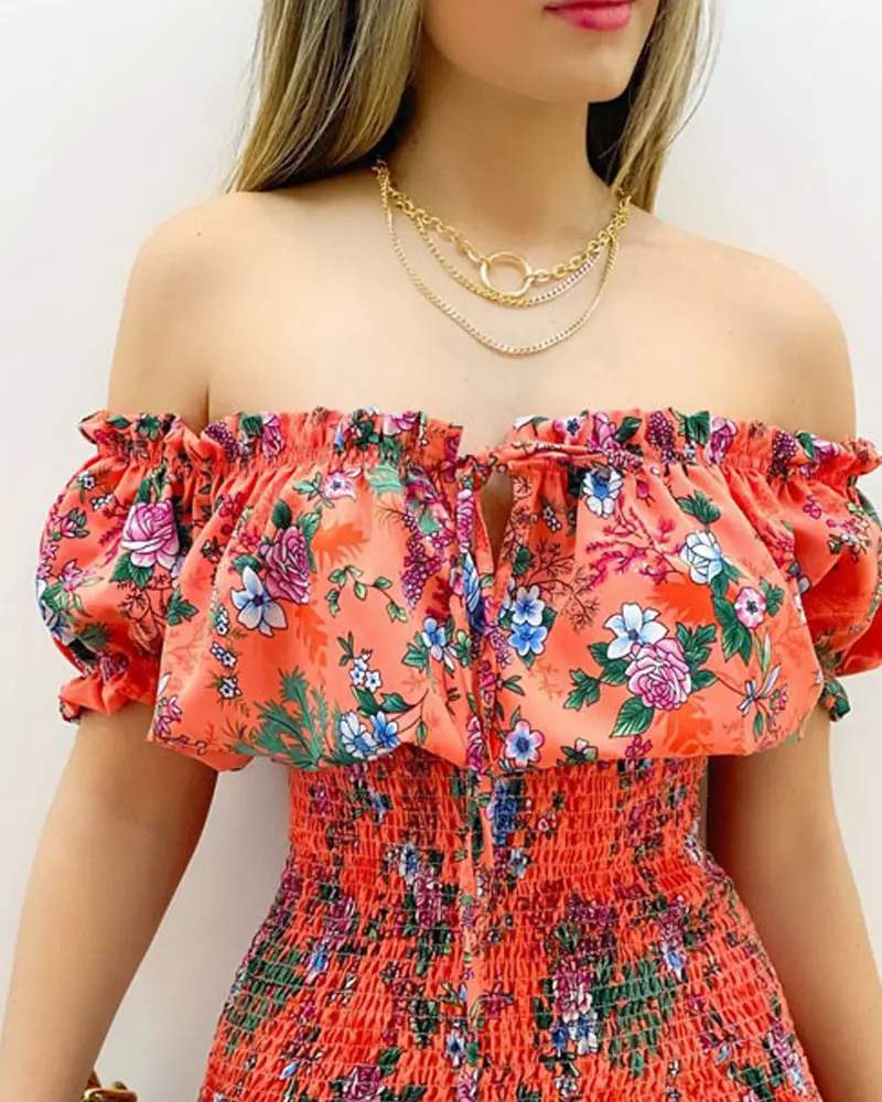 FLORAL PRINT OFF SHOULDER FRILL HEM SHIRRED MINI DRESS