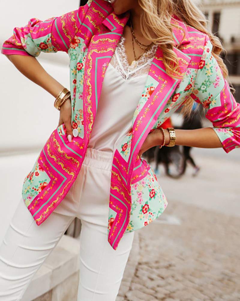 NEW Long Sleeve Floral Baroque Print Blazer Coat