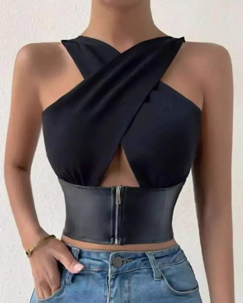 PU LEATHER PATCH CUTOUT CRISSCROSS TOP