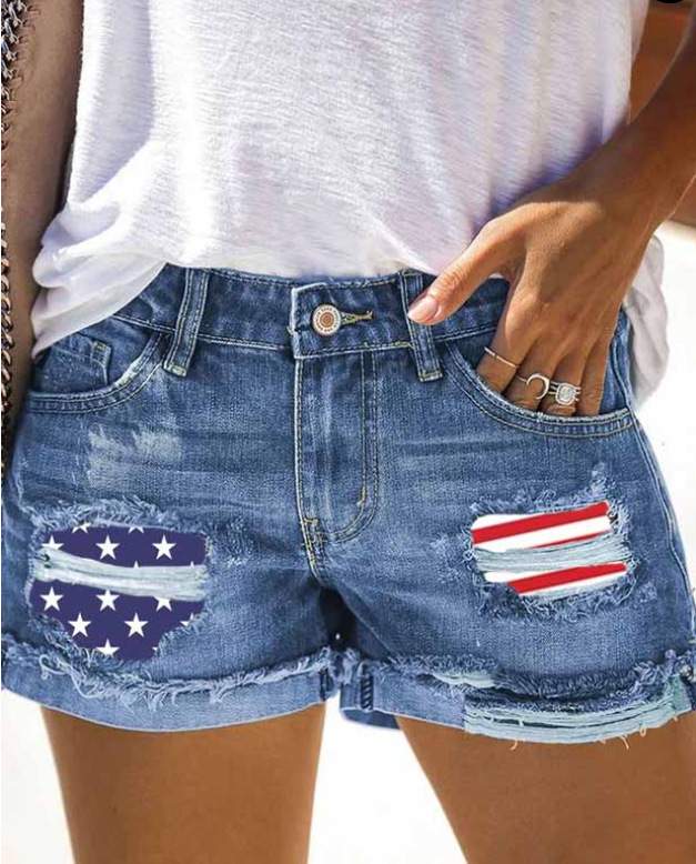 Independence Day Flag Print Patchwork Raw Hem Ripped Denim Shorts