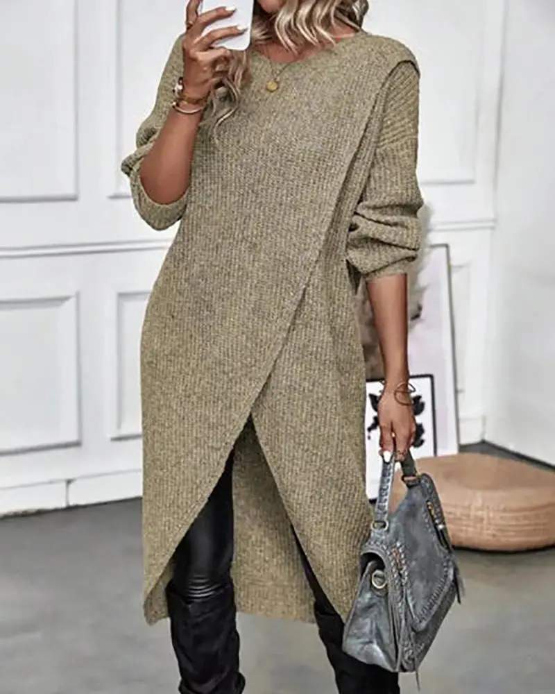 ROUND NECK LONG SLEEVE SLIT WRAP SWEATER DRESS