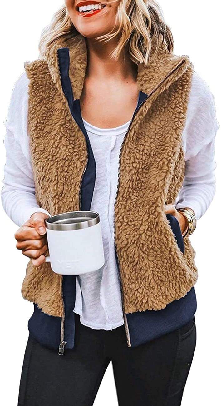 ZIPPER POCKET WARM FURRY VEST COAT FOR WOMEN