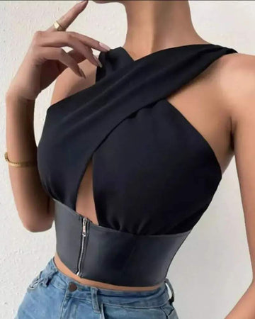 PU LEATHER PATCH CUTOUT CRISSCROSS TOP