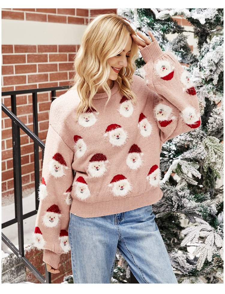 Women Christmas Knitted Sweater Cute Santa Head Pattern Crewneck Pullover