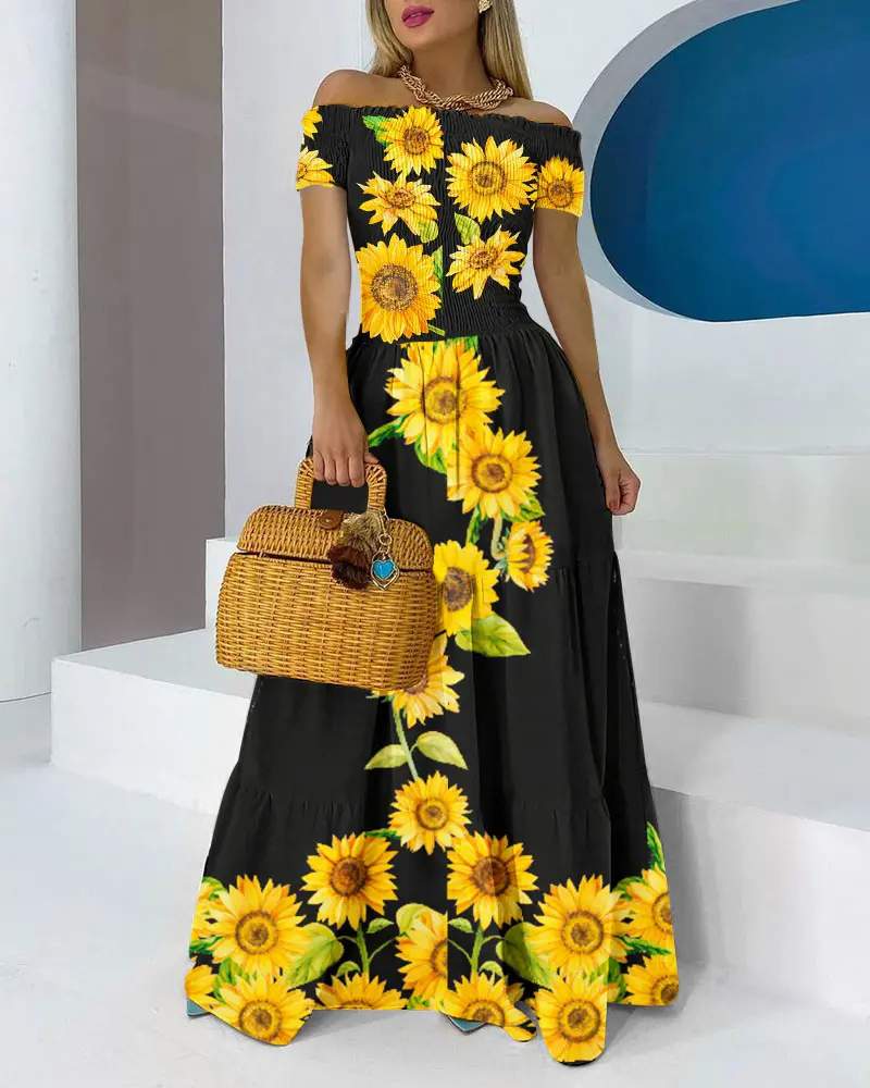 OFF SHOULDER SUNFLOWER PRINT SHIRRED MAXI MID LENGTH MAXI DRESS