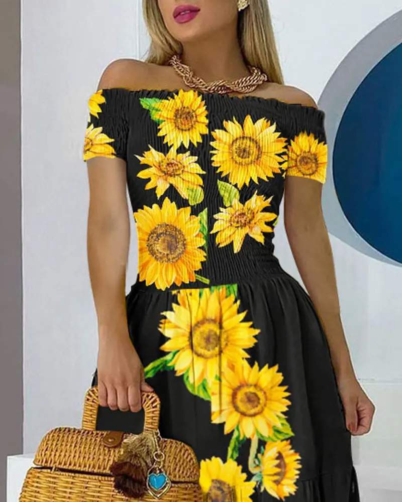 OFF SHOULDER SUNFLOWER PRINT SHIRRED MAXI MID LENGTH MAXI DRESS