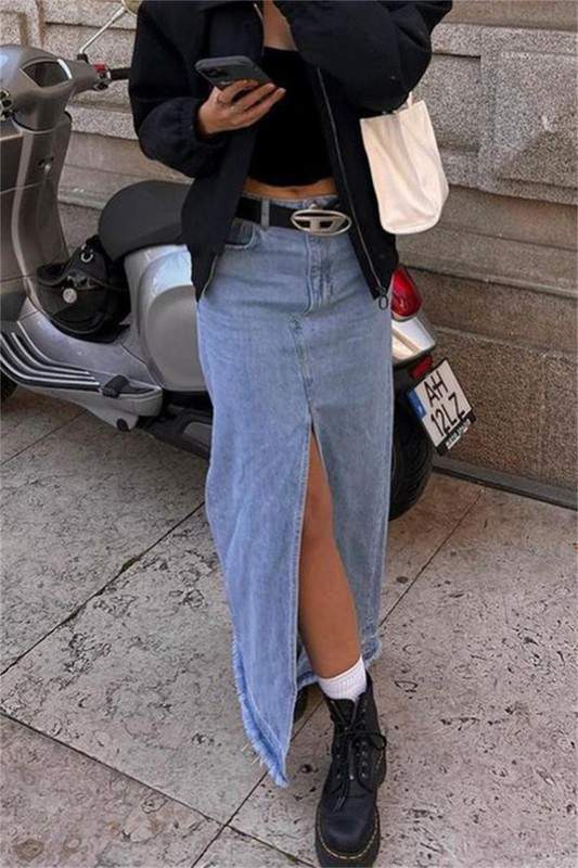 SOLID SLIT JEANS SKIRTS