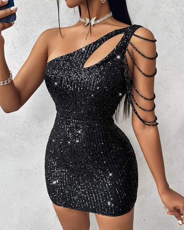 ONE SHOULDER CUTOUT ALLOVER SEQUIN PARTY DRESS