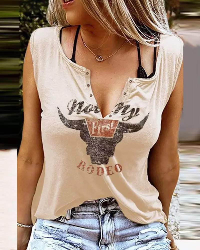 HIGHLAND CATTLE LETTER PRINT EYELET DECOR CASUAL TANK TOP