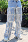 FRINGE DENIM STRAIGHT LEG PANTS