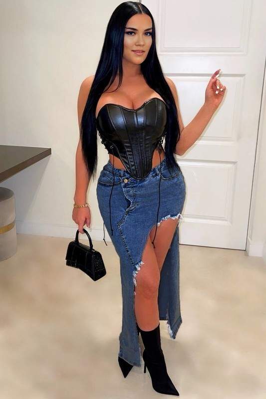 CUTOUT DENIM LONG SKIRT