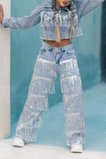 FRINGE DENIM STRAIGHT LEG PANTS