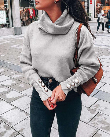 Heap Neck Popper Cuff Solid Sweater