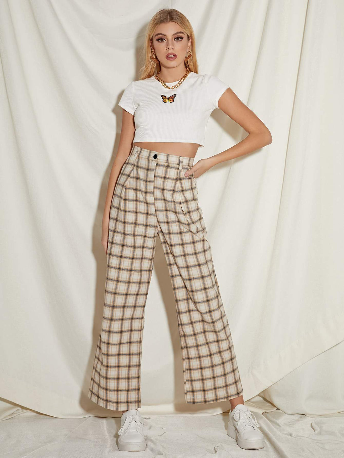 BUTTON WAIST SLANT POCKET PLAID WIDE LEG PANTS