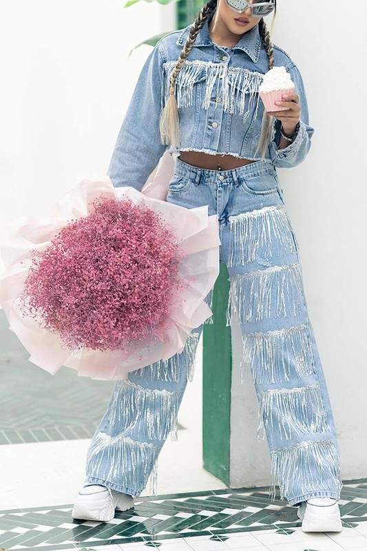 FRINGE DENIM STRAIGHT LEG PANTS