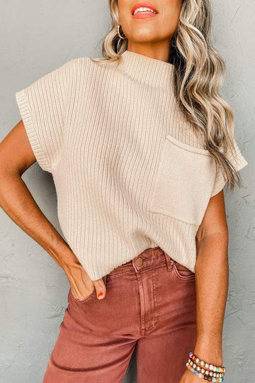 PATCH POCKET RIBBED KNIT SHORT SLEEVE SWEATER